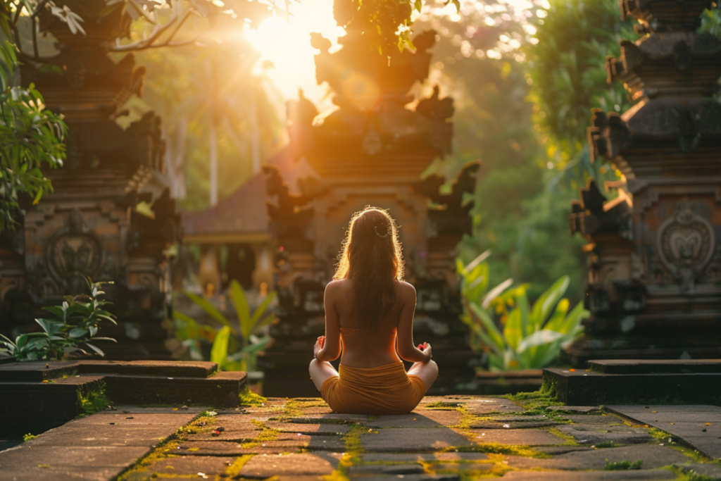 Person meditating peacefully in nature during sunrise, symbolizing emotional healing and letting go of burdens.