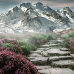 Stone pathway winding through purple wildflowers toward snow-covered mountains.