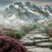 Stone pathway winding through purple wildflowers toward snow-covered mountains.